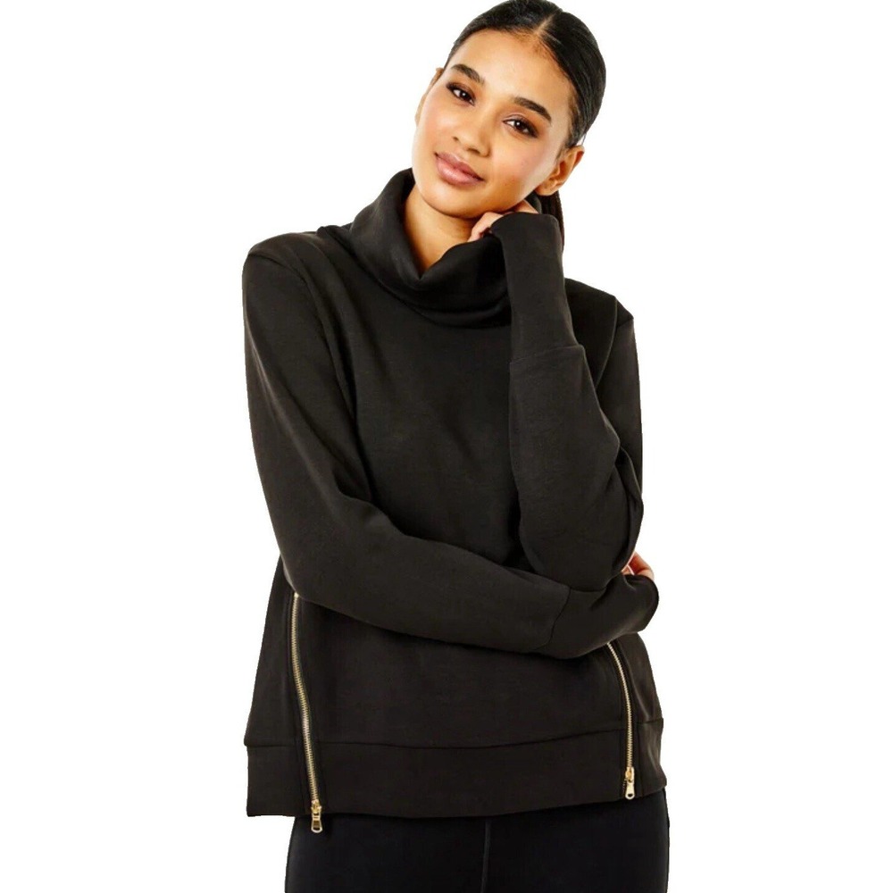 Addison Bay Everyday Pullover Black Cowl Neck Gold Side Zip Sweatshirt Womens